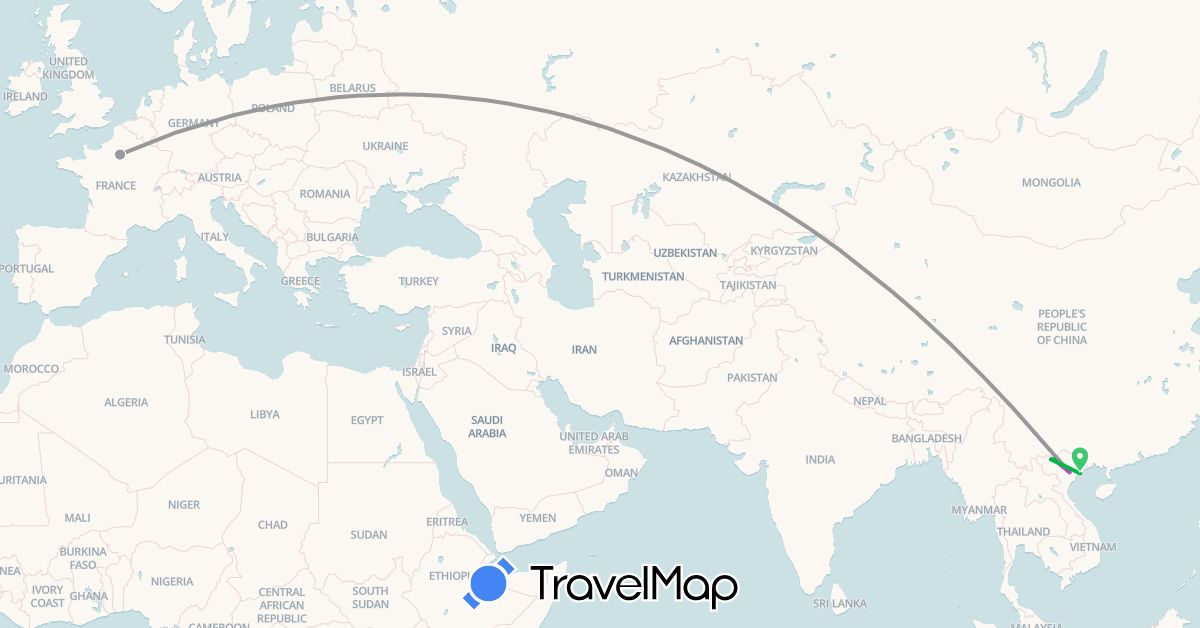TravelMap itinerary: bus, plane, train in France, Vietnam (Asia, Europe)